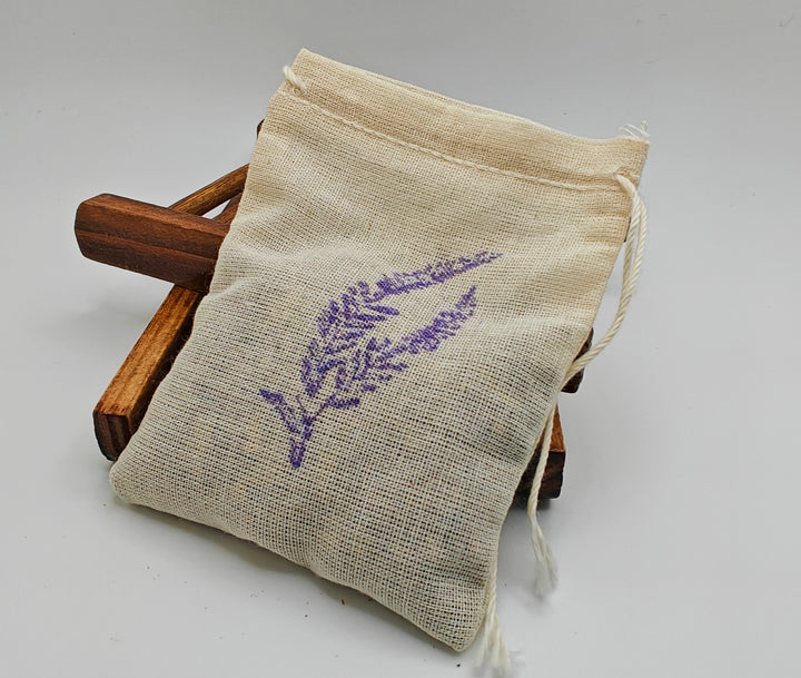 Lavender, Spearmint, & Eucalyptus sachet bag against white background | NoCo Apothecary